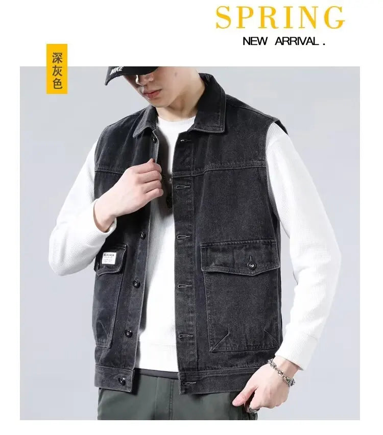 Spring Vintage Design Mens Denim Vest Male Retro Sleeveless Jackets Men Ripped Hole Button Jean Waistcoats Clothing 4XL