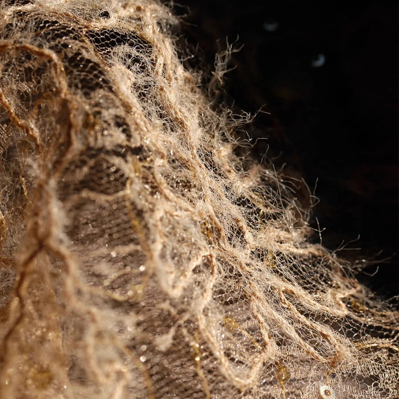 Vintage Brown Sheer Mesh Jacquard Fabric with Fringe Sequins Textured Hanfu Dress Coat Material Designer Clothing Luxury Fashion