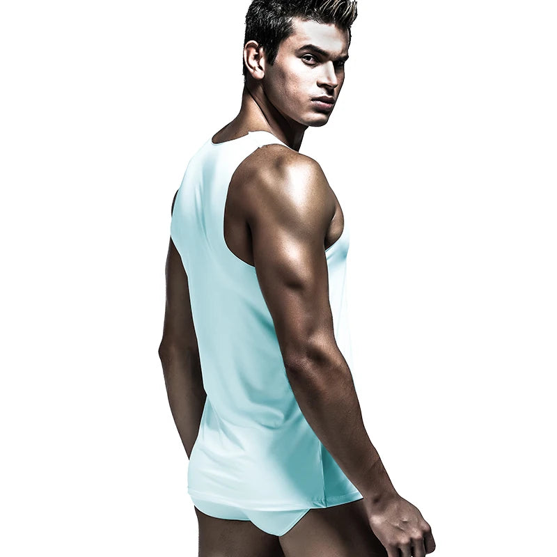 Men's ice silk sports trackless solid color I-word sweat vest single sleeveless tight-fitting fitness one-piece base shirt