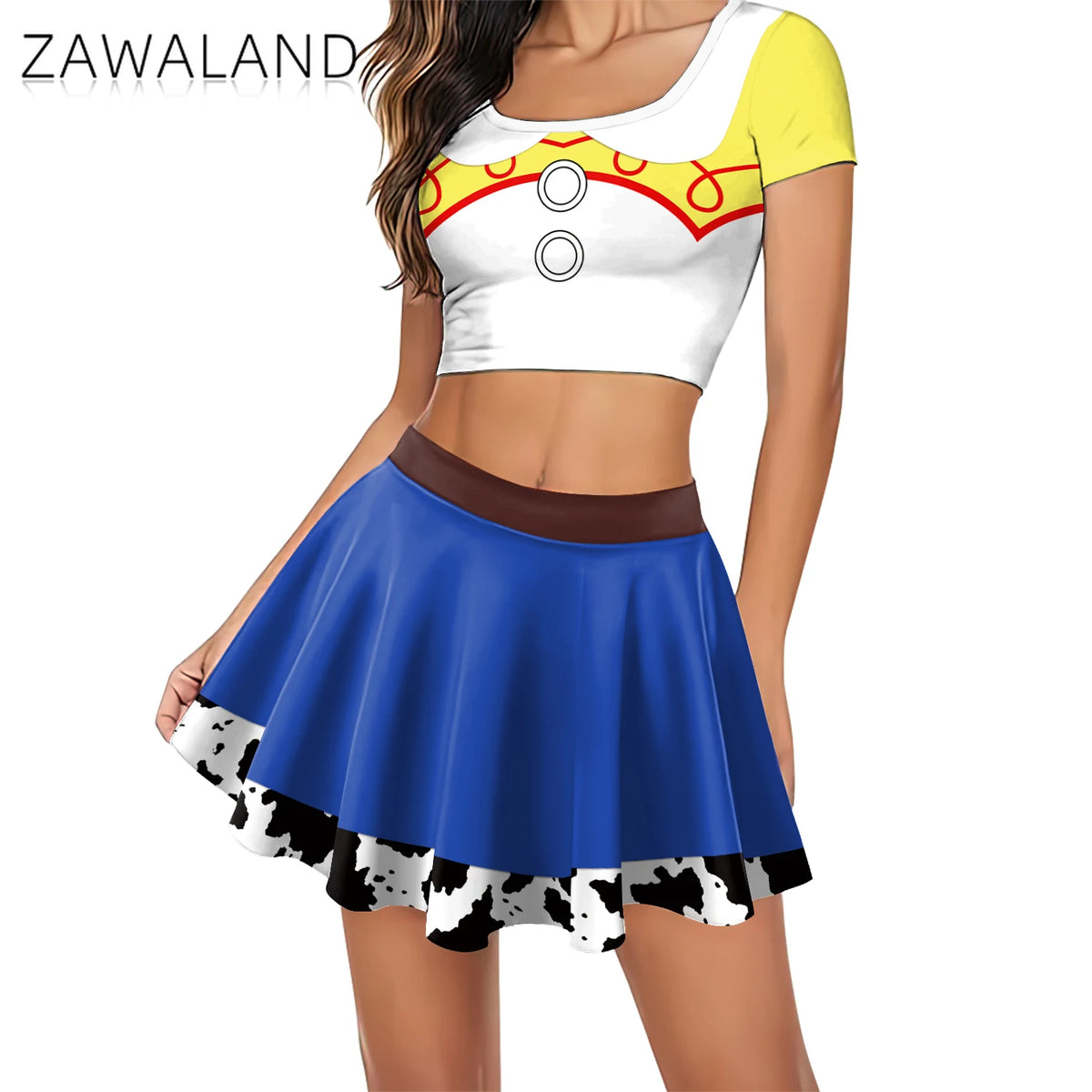 Halloween Woody Cosplay Costume For Women Movie Character Print Skirt Set Summer Short Sleeve Crop Top Party Performance Outfits