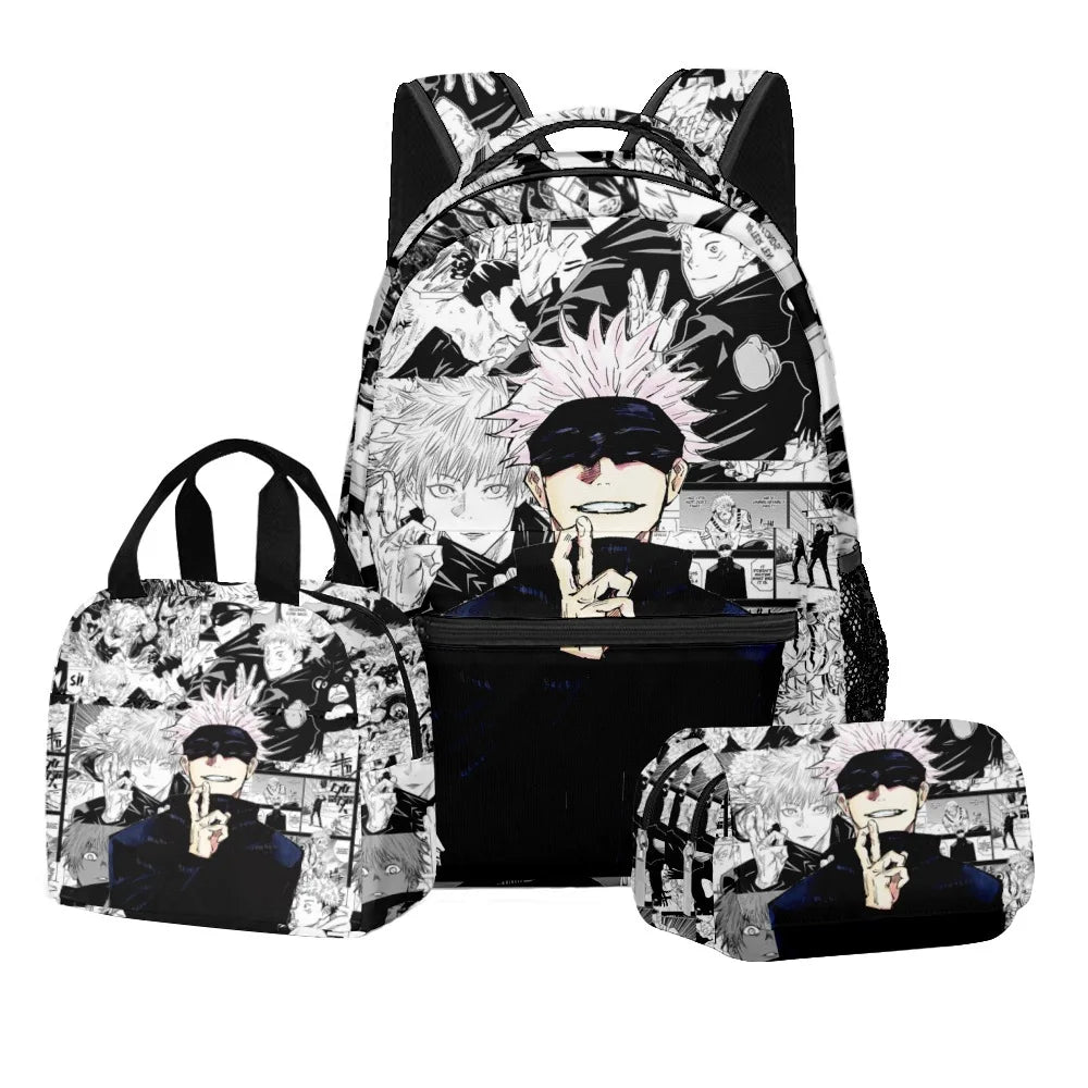 Anime Digital Print Jujutsu Kaisen School Set Large Capacity Backpack Lunch Bag 2-Layer Pencil Case 3-Piece Boy's Gift