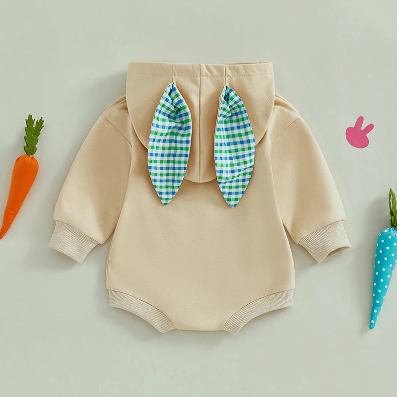 0-18M Newborn Baby Boys Easter Hooded Romper Long Sleeve Bunny Carrot Embrolidery Casual Jumpsuit