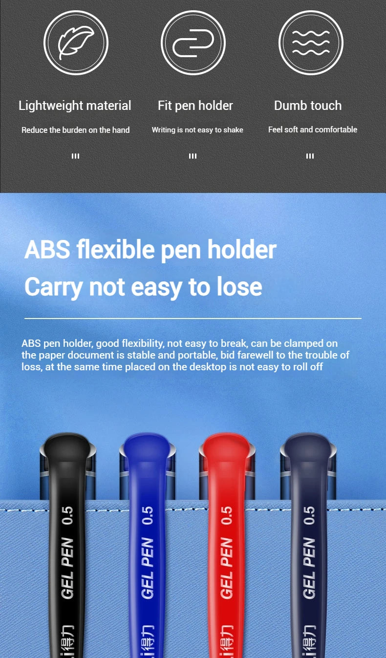 Deli 12-Pack Gel Pen Set 0.5mm Ballpoint Black Blue Red Ink Colors Writing Tools for School Office Stationery Supplies