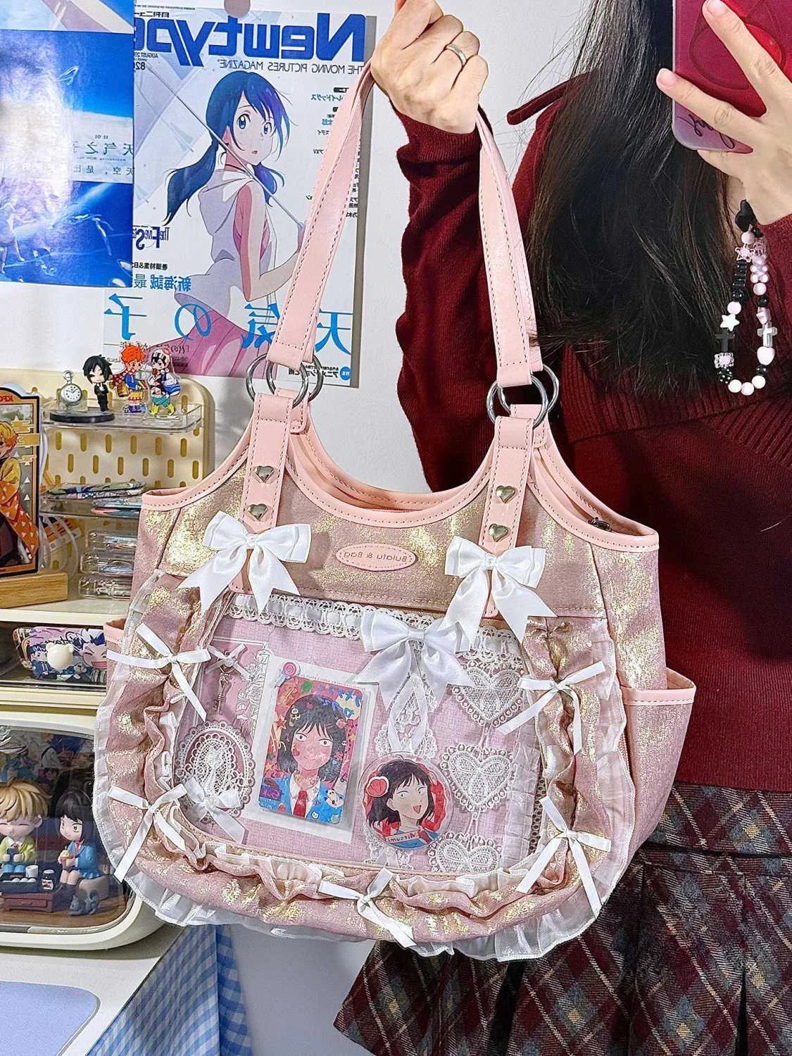Women Luxury Design Ruffled Lolita Handbag Punk Gothic Bow Crossbody Bags Transparent Sweet Lace Shoulder Ita Bag Y2k Aesthetic