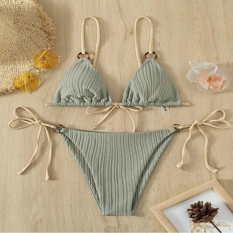 Solid Split Swimsuit Women Two Piece Beachwear Triangle High Cut Thong Bikini Push Up Summer 2026 New Sexy Bandage Bathing Suit