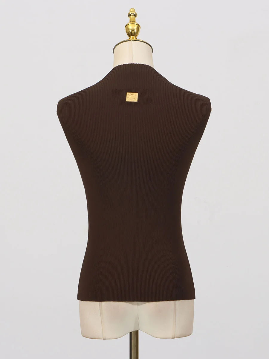 VGH American Casual Spliced Hollow Out Vest for Women Stand Collar Sleeveless Slimming Minimalist Tank Top Female Clothing New