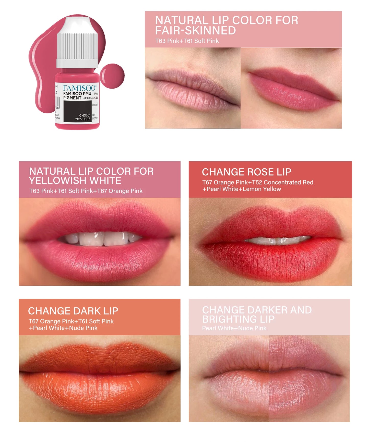 FAMISOO 5ML Lip Tattoo Inks Microblading Organic Permanent Makeup Lips Pigment Tattoo Pink Eyebrow Eyeliner PMU Pigment 0.17 OZ