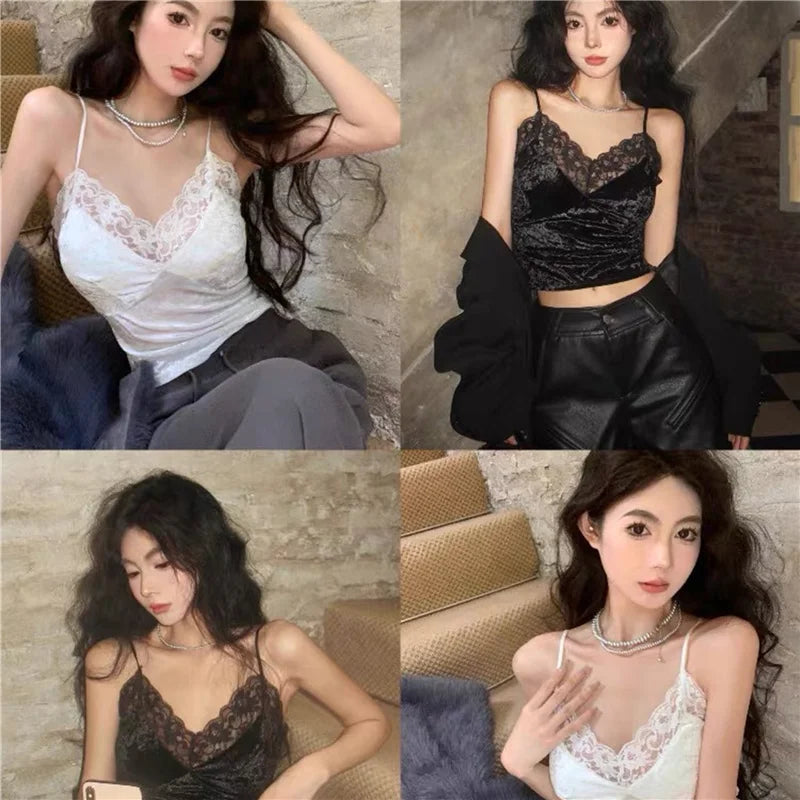 Lace Patchwork Velvet Csole Women's ort Sle Inner Wear Pad Included Slim Fit Base irt Top for Autumn Winter