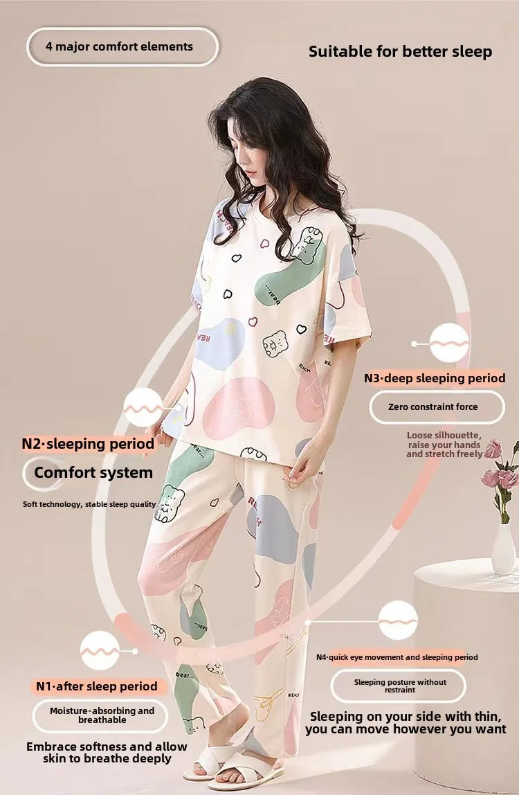 Pyjamas Set for Women‘s Short Sleeve Long Pants Student Casual Cartoon Bear Sweet Cuet Sleepwear Loungewear Romantic Nightwear