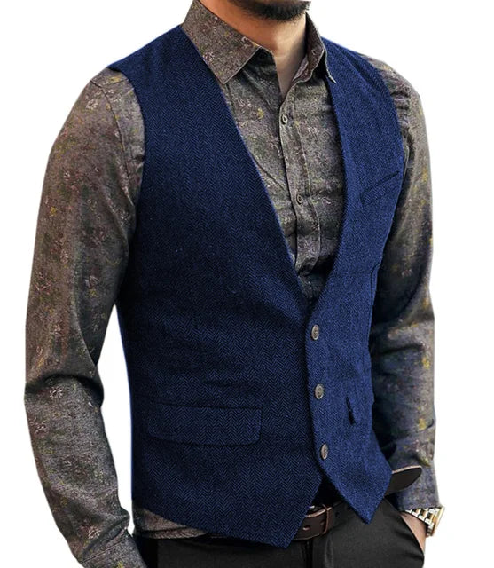 Deep V-Neck Suit Vests  Classical Formal  Business Herringbone  Wood Waistcoat Slim Fit Men's Vest For Wedding