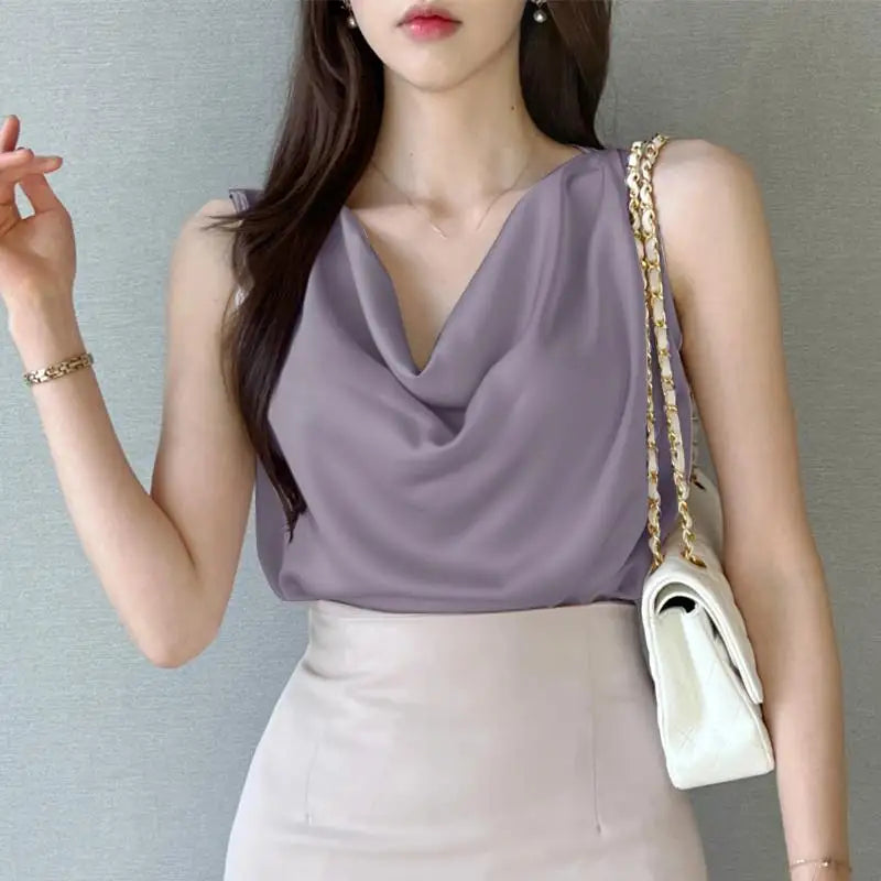 ZANZEA 2025 Elegant Korean Tanks Women Satin Silk Solid Color Sleeveless Tank Tops Fashion Sexy Office Lady Cowl Neck Camisole