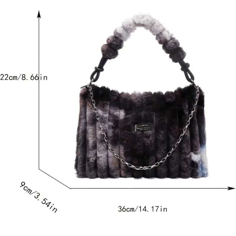 Women's Large Plush Tote Bag with Crossbody/Handheld Carry Soft Striped Plush Exterior Cozy Handbag for, Travel, Everyday Use