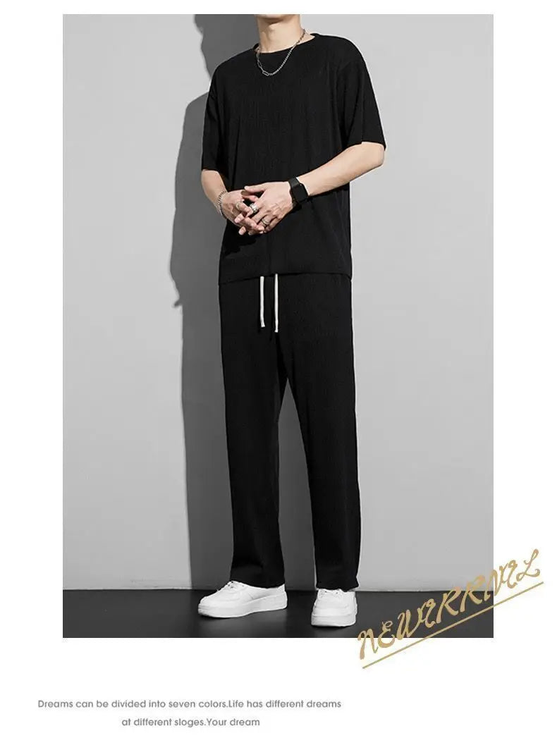 New Ice Silk Sports Set Men's Summer Thin Tracksuit Men 2024 Casual Long Pants Short Sleeve T-shirt Quick Drying Clothes Sets