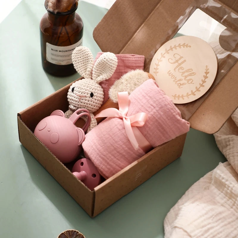 Baby Bathing Mouth Water Towel Pacifier Set Baby Full Moon Milestone Cards Wood Ring Rattle Bath Towel Wool Brush Birthday Gifts