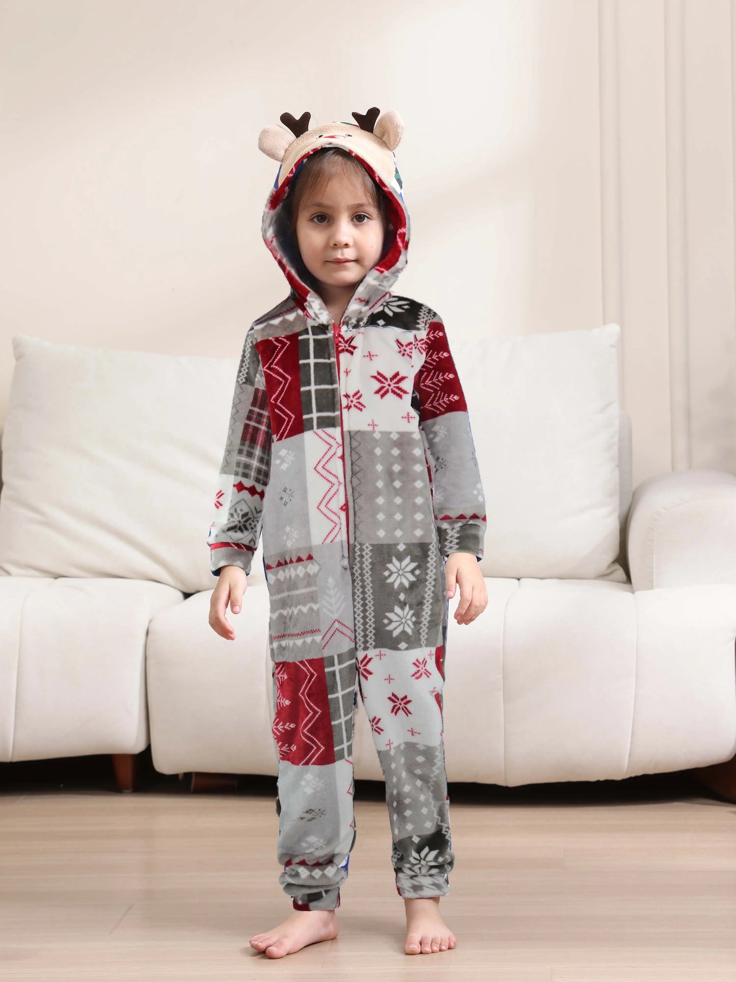 2025 Christmas Velvet Family Matching Clothing Set Zipper Hooded One-piece Jumpsuit Soft Loose Xmas Onesie Warm Thick Sleepwear