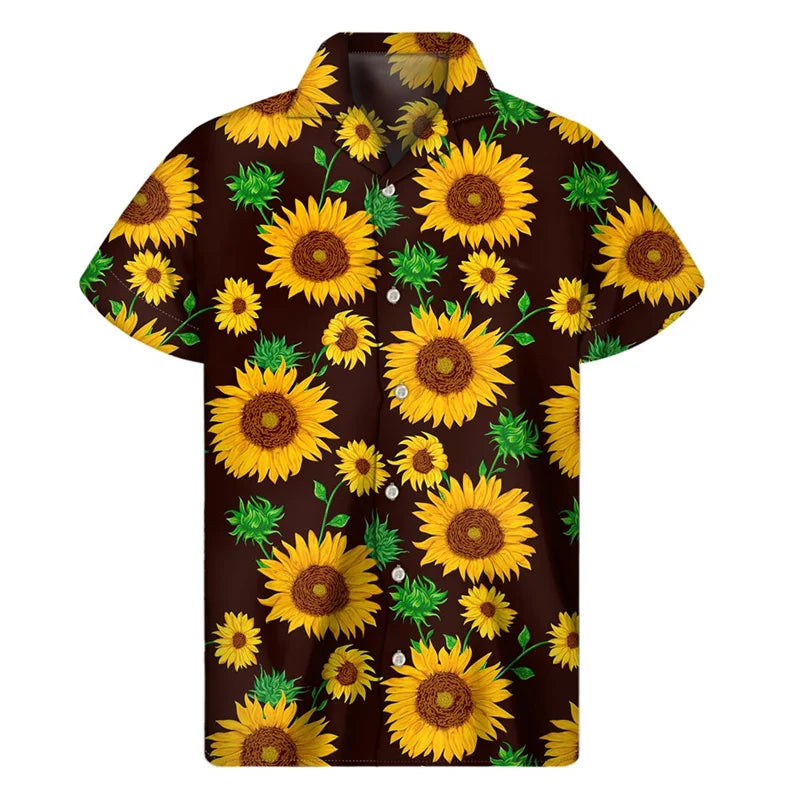 3d Plants Sunflower Print Shirt For Men Fashion Classic Short Sleeve Summer Vacation Shirts Breathable Tops Hawaiian Shirts