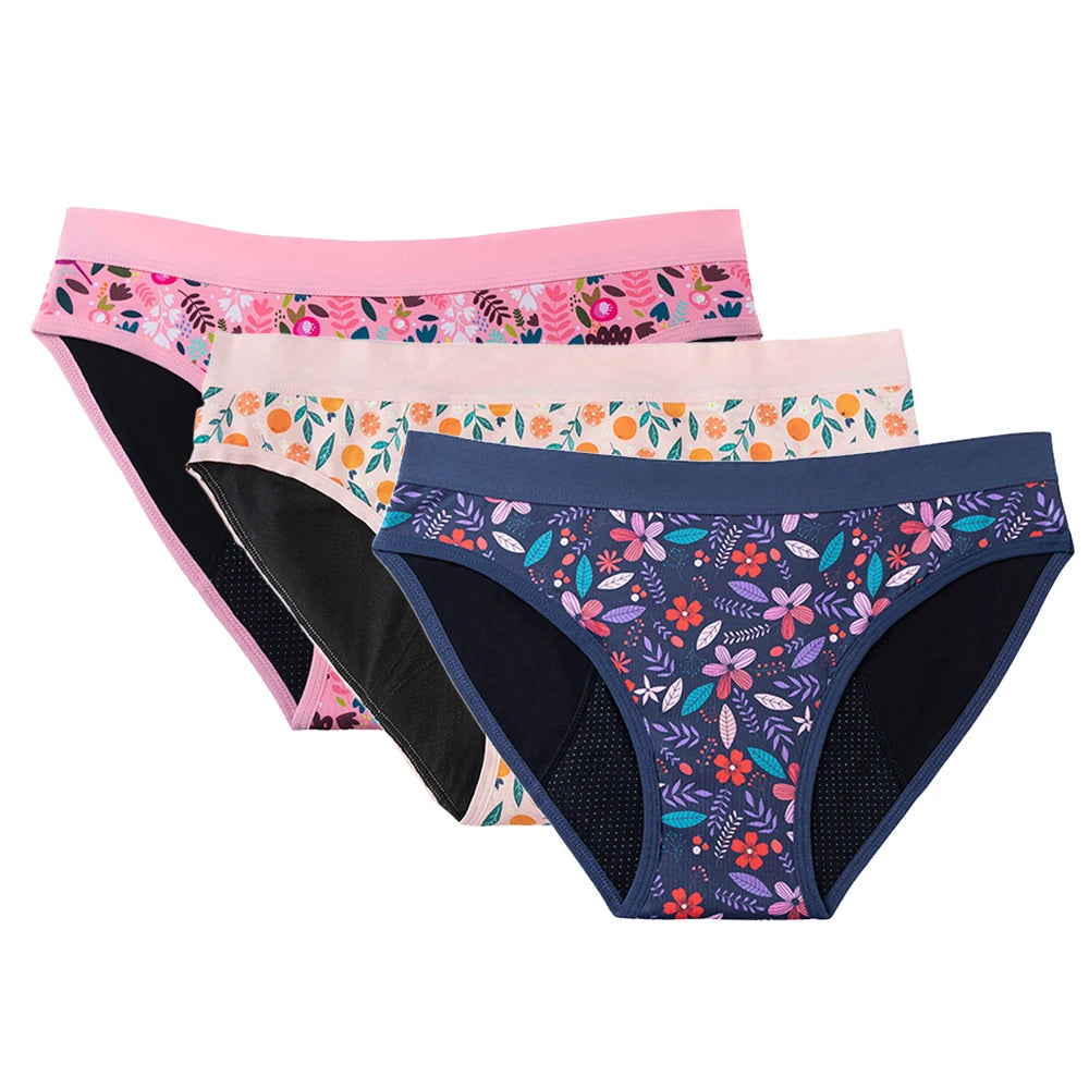 3PCS/Lot Girls Cotton Menstrual Panties For Teenager Printing Fabric Underwear 4-Layers Medium Flow Absorption Panties for Girls