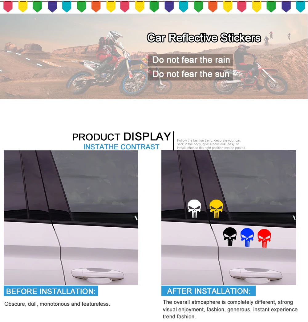 Skull Stickers Car Waterproof Decal Reflective Vinyl Punisher Sticker for Auto Door Window Rearview Mirror Bumper Decoration