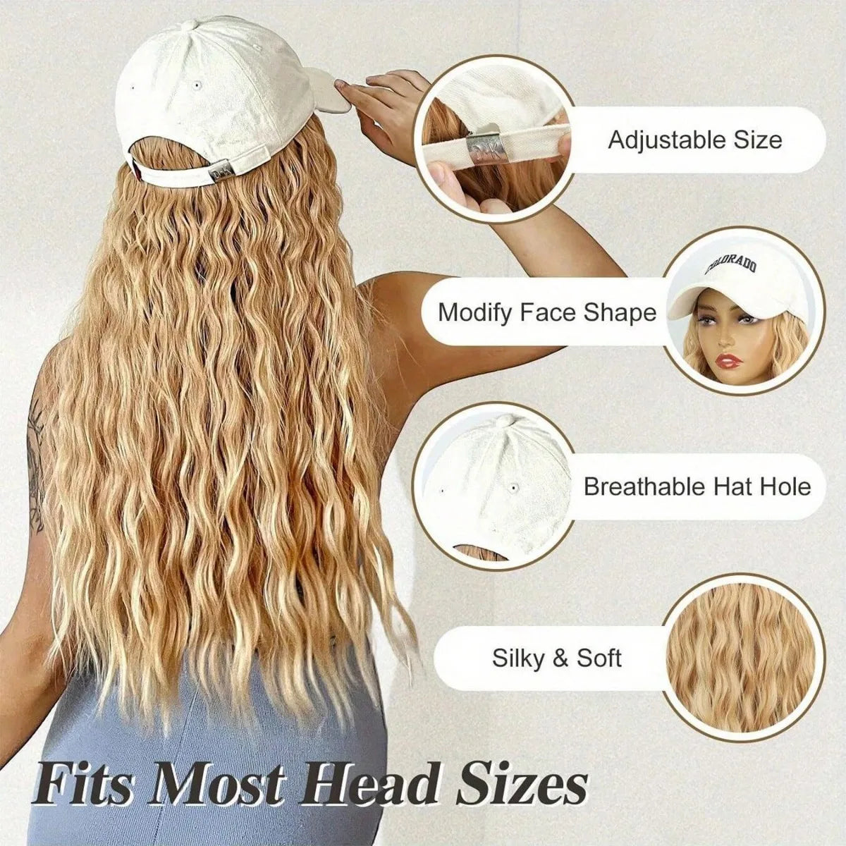 Hat Wigs Baseball Cap Synthetic Wigs With Short Bob Wavy Curly Hair Extensions Adjustable Wings That Attached Short Extensions