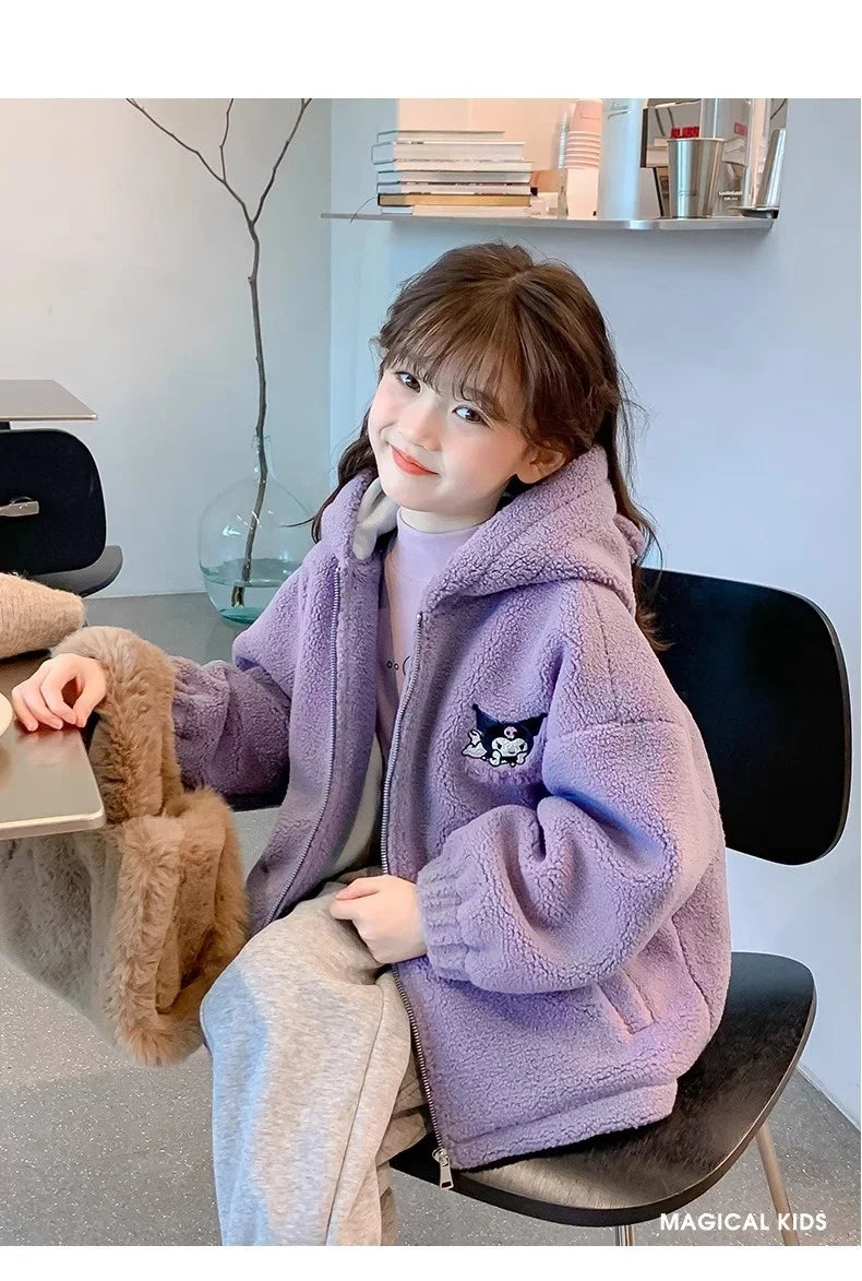 Winter 2025 New Cartoon Sanrio Kuromi Girls' Velvet Jacket Plus Velvet Children'S Polar Fleece Hooded Clothes Girls Winter Cloth