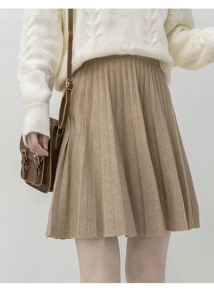 Clothes for Women Autumn Winter Korean Fashion Sexy Sweet Chic Pleated Skirts Elegant High Waist Solid Slim A-line Knitted Skirt