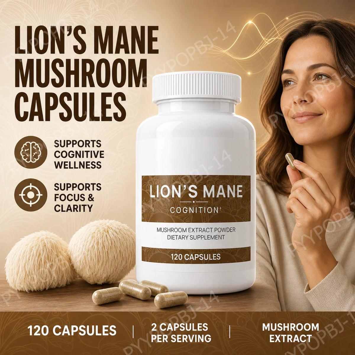 Lion’s Mane Mushroom Extract Capsules 1000mg, 300mg Beta Glucans, 120 Count, Vegan Non-GMO Gluten Free Daily Blend