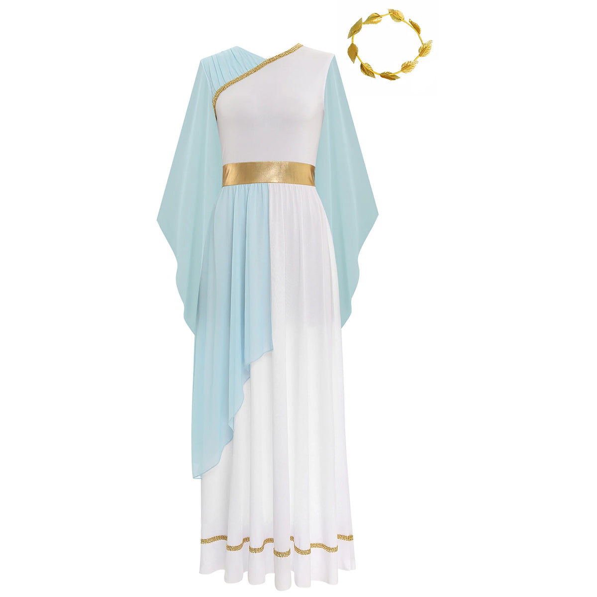Womens Halloween Greek Beauty Carnival Cosplay Party Costumes Gold Leaves Garland Headwear And Cap Sleeve Ancient Toga Dress