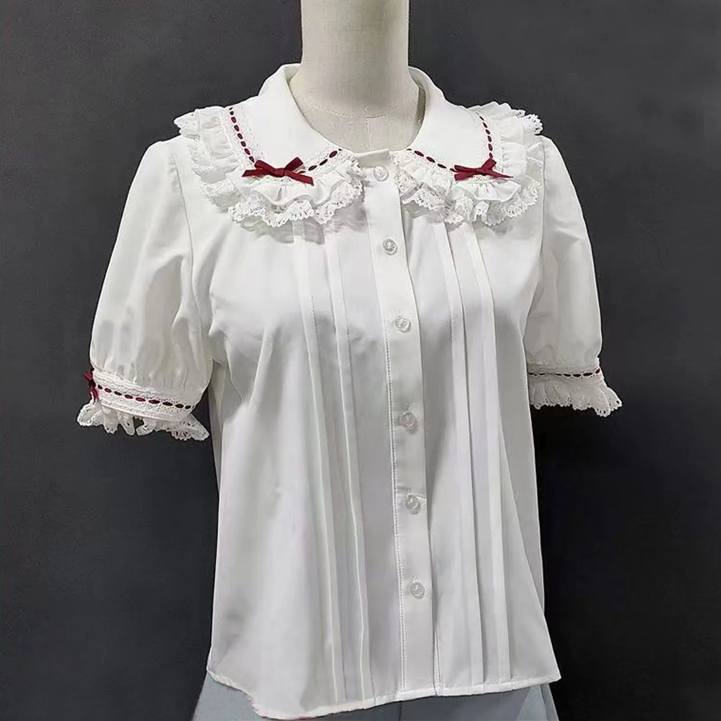 Spring Blouse Women Japanese Kawaii Cute Lace Patchwork Peter Pan Collar Shirt Vintage Sweet Embroidery Top Blusas