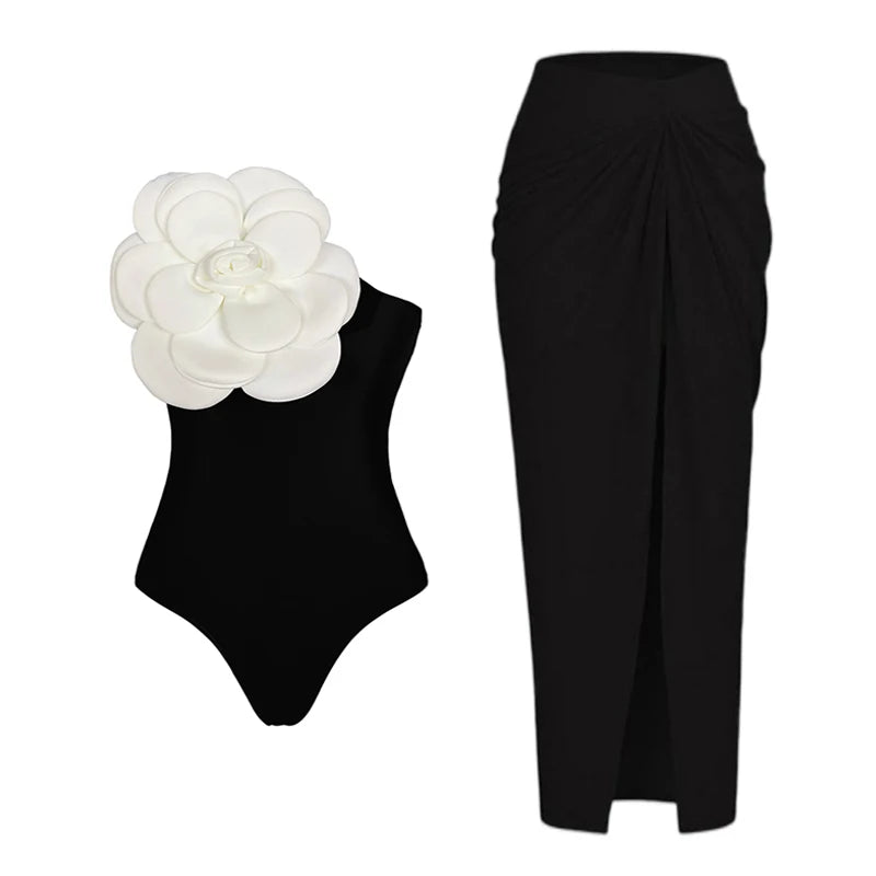 2024 Sexy Sling Ruffle Solid Two Pieces Bikini Women High Waist 3D Flower Swimsuit Skirt Summer Backless Beachwear Bathing Suit