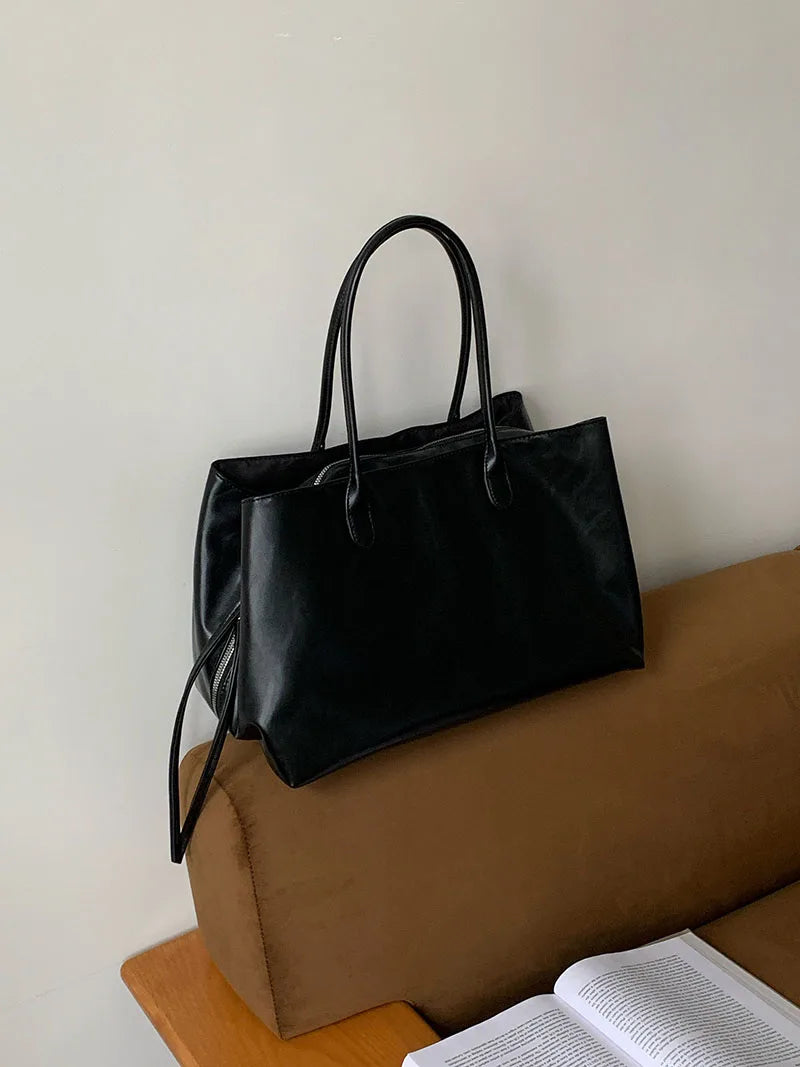 Women's PU Tote Bags Minimalist Large Capacity Multi Compartment Shoulder Bags Elegant Drawstring Commuter Handbags