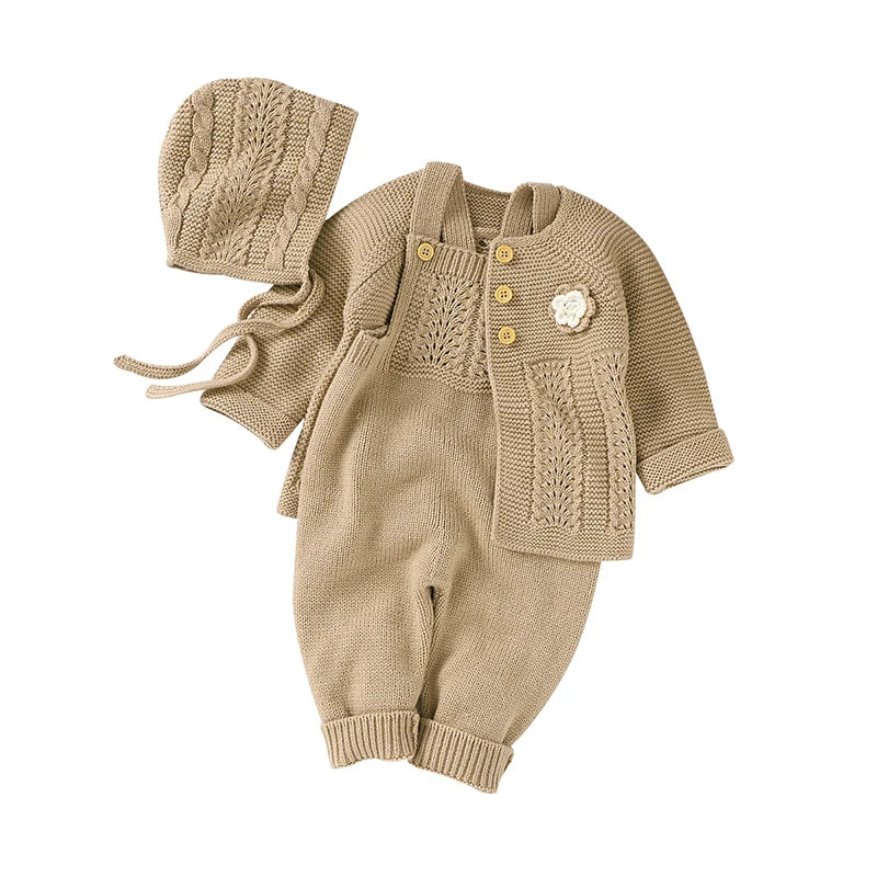 Baby Romper Set Knit Autumn Newborn Girl Boy Long Sleeve Coat Jumpsuit Outfit Hat 3PC Fashion Solid Infant Clothing Suit Sweater