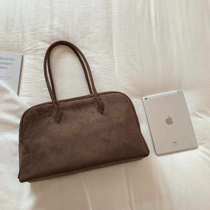 Vintage Women Business Shoulder Bags Simple Ladies Commute Tote Bag Suede Leather Female Underarm Bag Burgundy Large Handbags