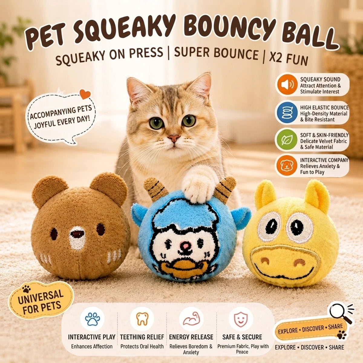 Cute Cartoon Plush Bouncy Ball Pet Toy Interactive Chew Toy for Dogs & Cats Ideal for Indoor Play of Small and Medium Pets