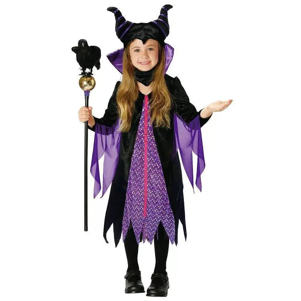 Halloween Costume Girls Cartoon Maleficent Cosplay Dress Children Fancy Witch Disguise Robe Carnival Devil Queen Dot Tulle Frock