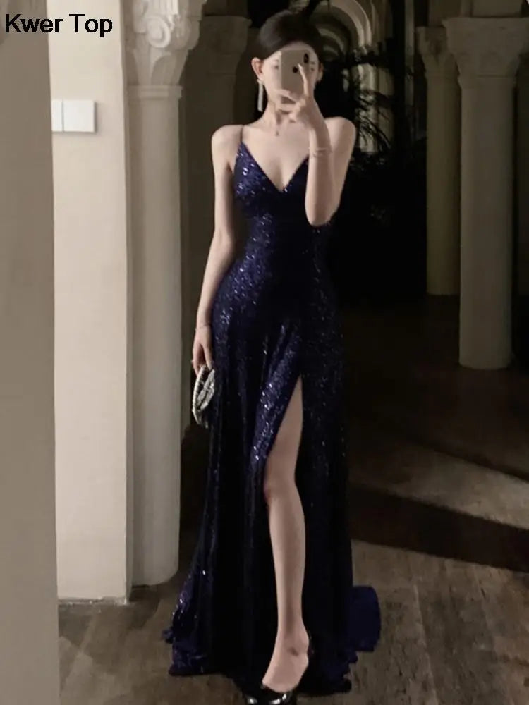 Women's Elegant V-neck Sequin Graduation Dresses Sexy Backless Split Bandage Runway Robe Summer Luxury Formal Occasion Clothes