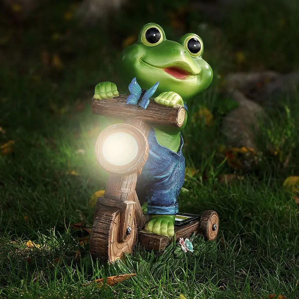 Resin Garden Frog Statue with Solar Light Frog Cycling Model Frog Ornaments Cute Animal Statue for Patio Lawn Yard Decoration