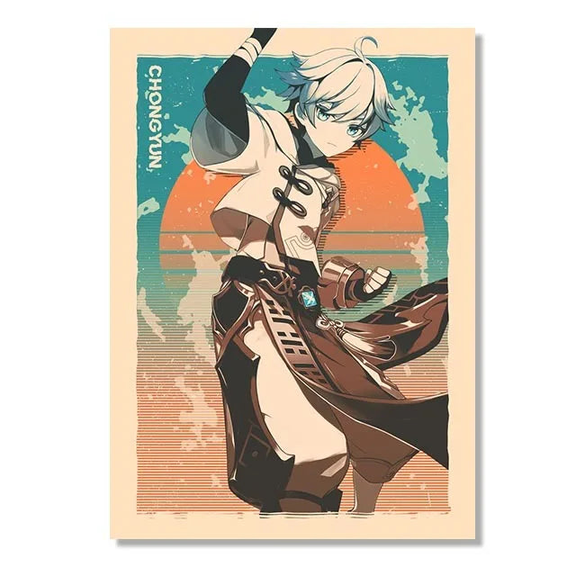 Genshin Game Retro Canvas Poster Ganyu Hu Tao Game  Wall Hanging Painting Anime Wall Art Pictures and Print for Home Room Decor