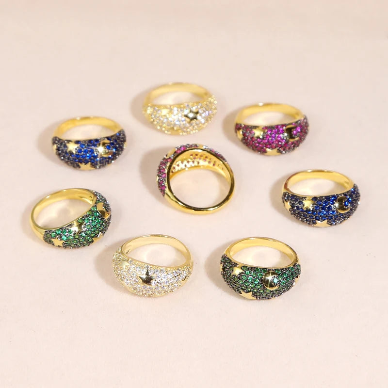 2025 Gold Color Rainbow Fashion Bling Moon Star Ring For Women Men Hip Hop Iced Out Paved Colorful Neon Enamel Luxury Jewelry