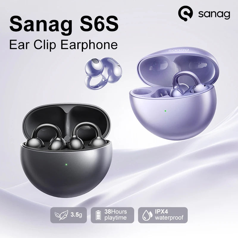 Sanag S6S Free Clip Open Ear Earphone Ear Clip 3D Stereo Sound Bluetooth 5.3 36H Playtime OWS Sport Headphones IPX4 Waterproof