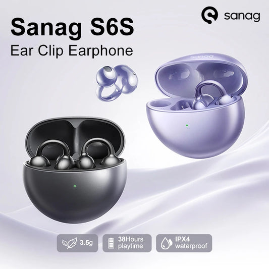 Sanag S6S Free Clip Open Ear Earphone Ear Clip 3D Stereo Sound Bluetooth 5.3 36H Playtime OWS Sport Headphones IPX4 Waterproof