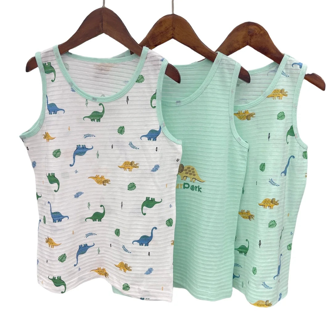 Boy Green Dino Prints Tank Shirt Children Cotton Underwear Kids Undershirts Breathable Tank Tops Size 3-12T Summer Home wear