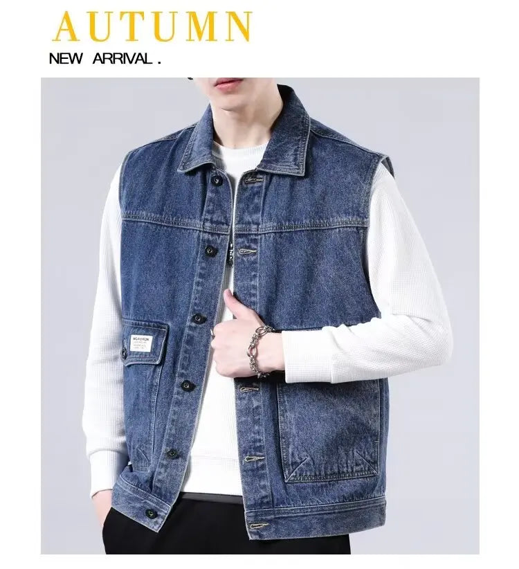 Spring Vintage Design Mens Denim Vest Male Retro Sleeveless Jackets Men Ripped Hole Button Jean Waistcoats Clothing 4XL