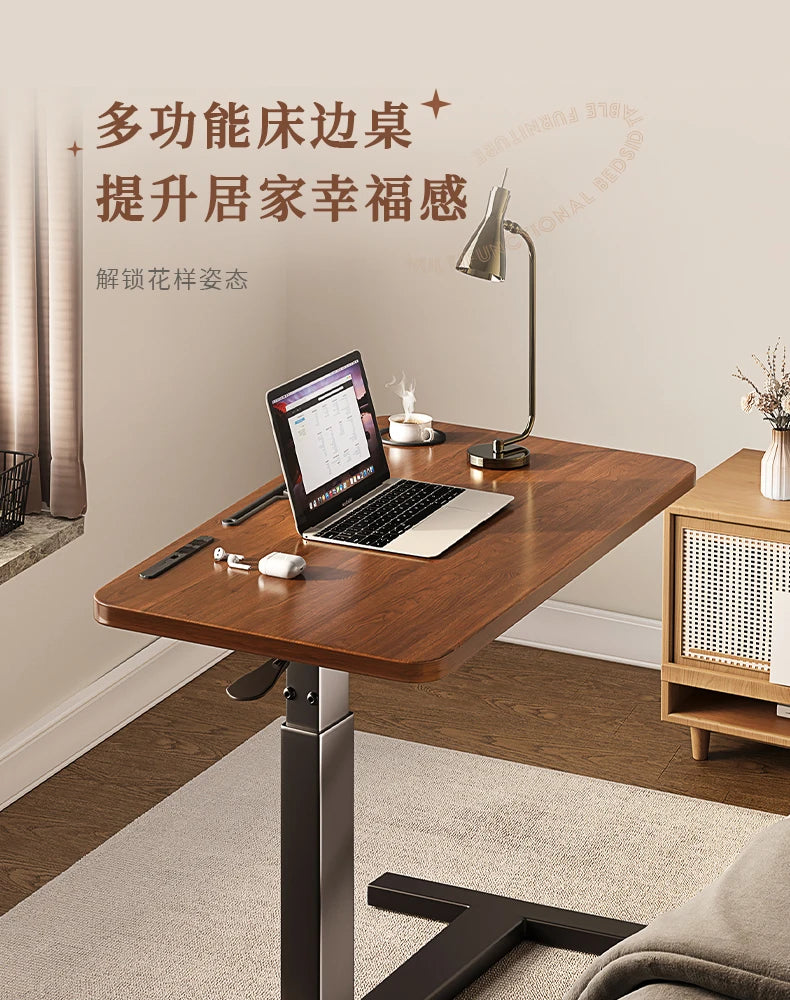 Pneumatic Lifting Laptop Desk Mobile Bedside Table Computer Desk Home Office Writing Desk with Wheels Storage Shelf