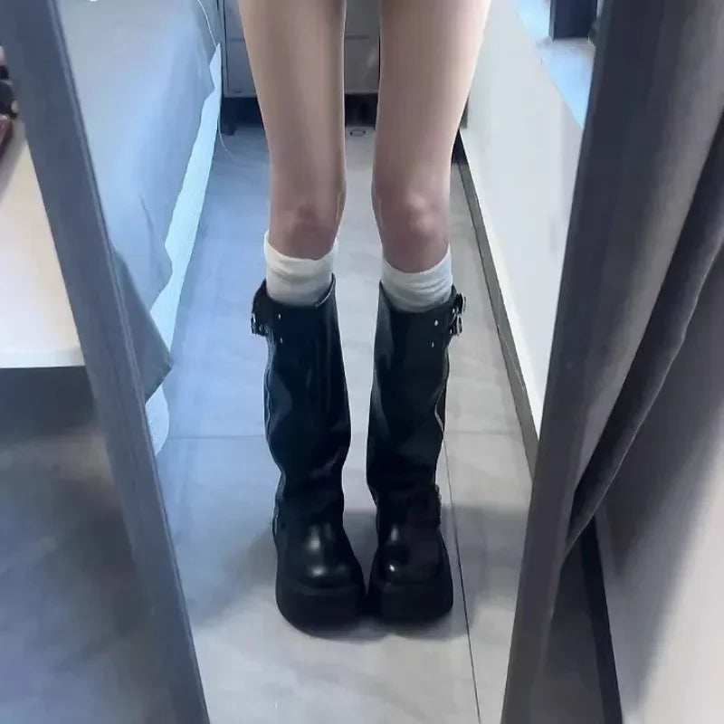 Ladies Shoes  2025 Platform Modern Women's Boots Side Zip Round Toe Belt Buckle Knee-High Boots Classics Versatile Shoes