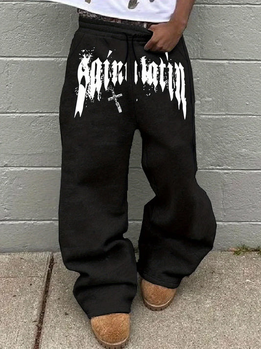 Men's Black Wide Leg Pants, French Graffiti  and Cross Print, Hip Hop Fashion Streetwear Trousers, Oversized Casual Joggers 2025