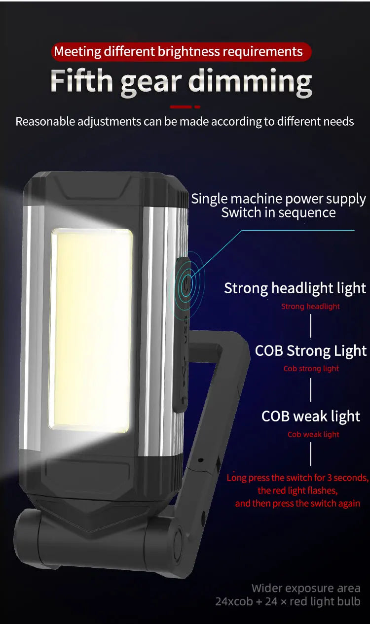 Portable COB Magnetic Work Light Rechargeable LED Flashlight Super Bright Camping Waterproof Car Repair Lamp with Brackets