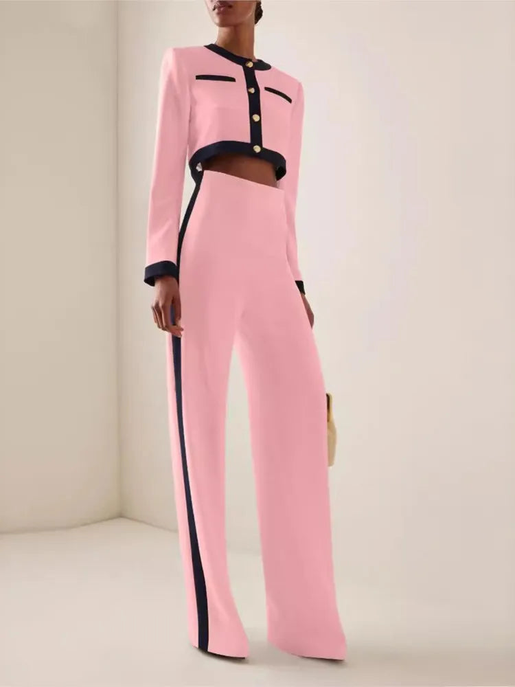 Elegant Women Slim Office Outfit Spring Autumn Fashion Contract Color Show Style Long Sleeve Button Tops & High Waist Pants Suit