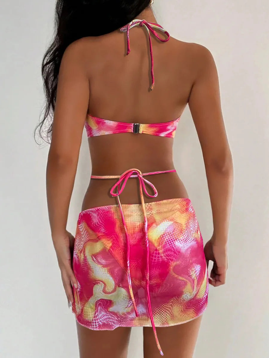 with Mesh Skirt 3D Flowers Halter Bandeau Bikini Women Swimsuit Female Swimwear Three-pieces Bikini Set Bathing Suit Beachwear