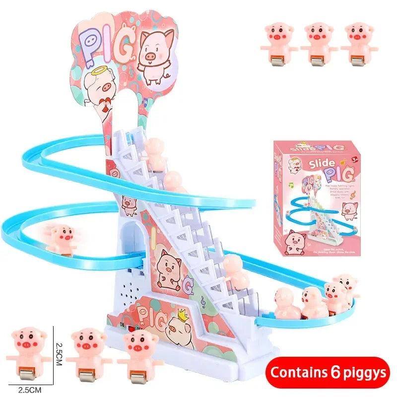 Electric Duck Track Rail Racing Slide Piggy Climbing Stairs Baby Toy LED Lights Musical Slide Roller Coaster Toys for Gift