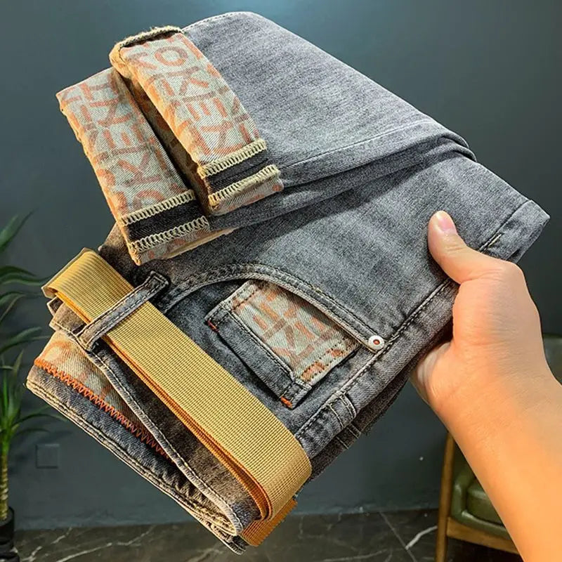 High Quality Fashion Luxury Washed Men's Slim Jeans Elasticity Black and Gray Classic Designer Cargo Denim Boyfriend Jeans Men